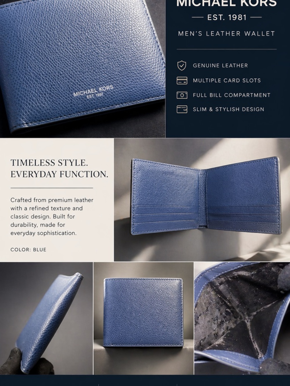 Michael Kors Men’s Blue Leather Bifold Wallet | Like New | Slim & Classic